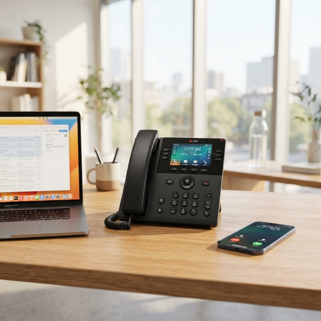 Business desk phone alongside a laptop and smartphone