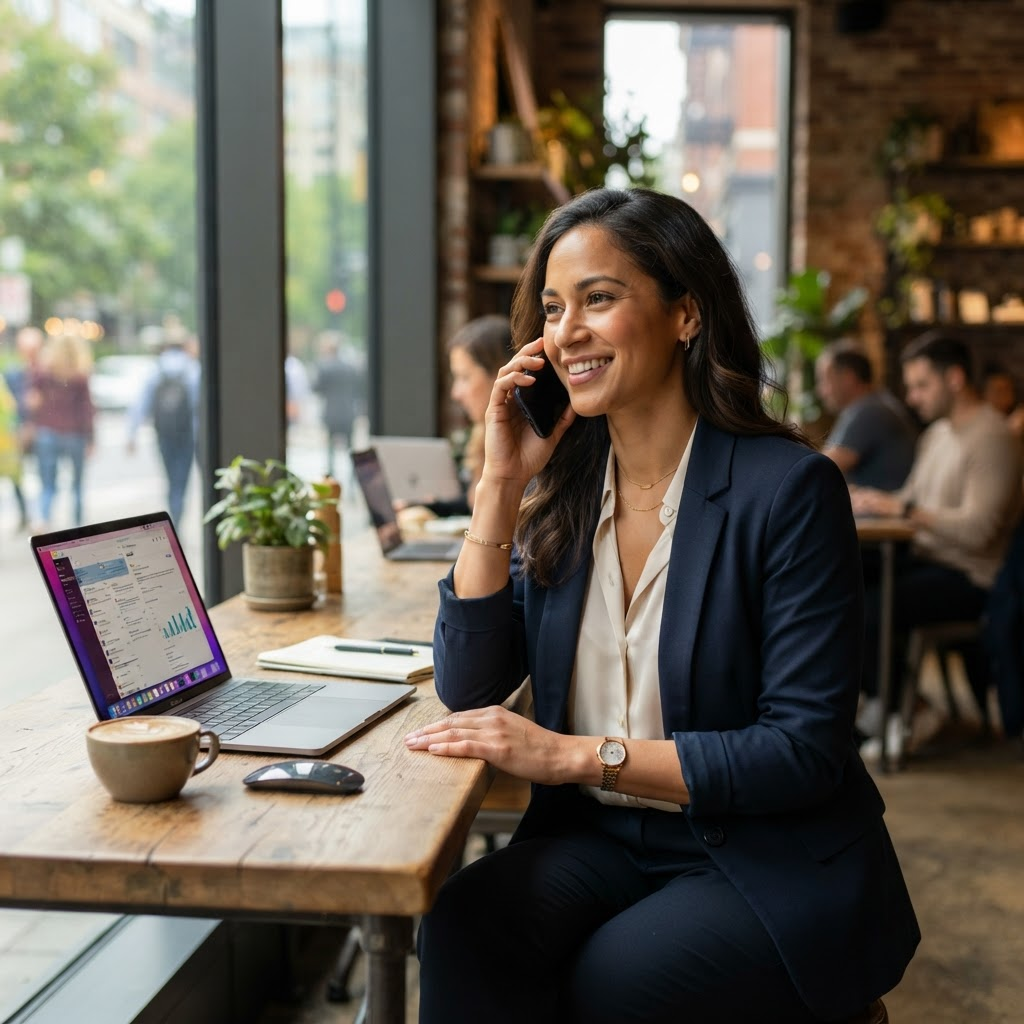 Business professional taking a call on a smartphone while working on a laptop
